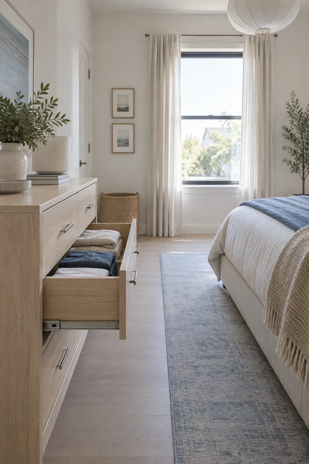 Open dresser drawer beside a clear route to the bed