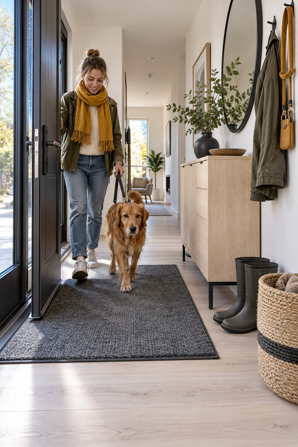 Open front door beside a narrow birch hallway cabinet with unobstructed passage
