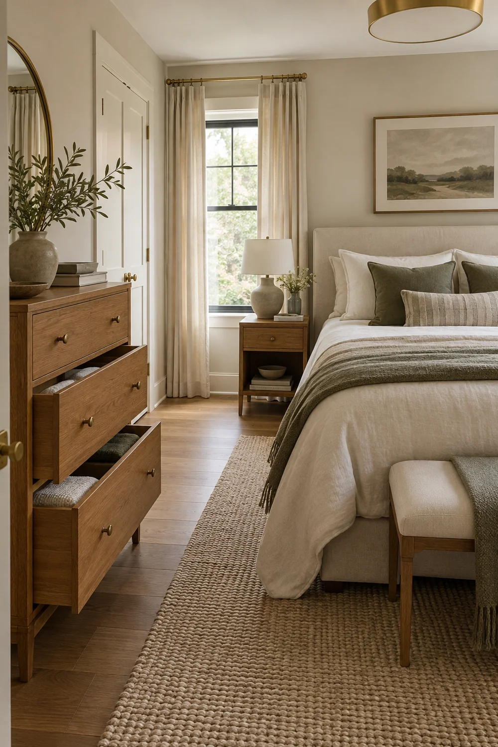 Open oak dresser drawers beside a bed in a compact bedroom