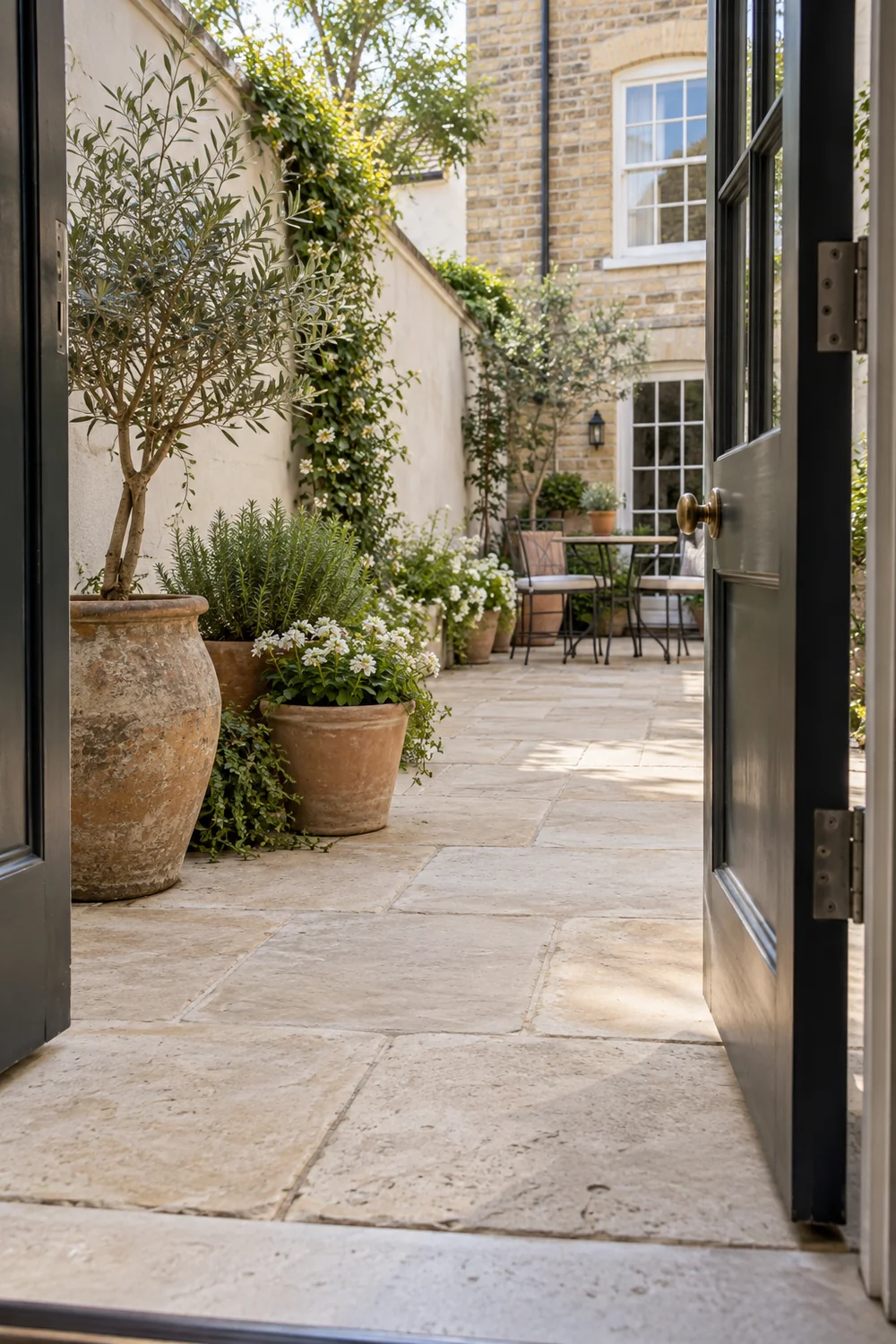 Open townhouse door showing a clear limestone route beside courtyard planters