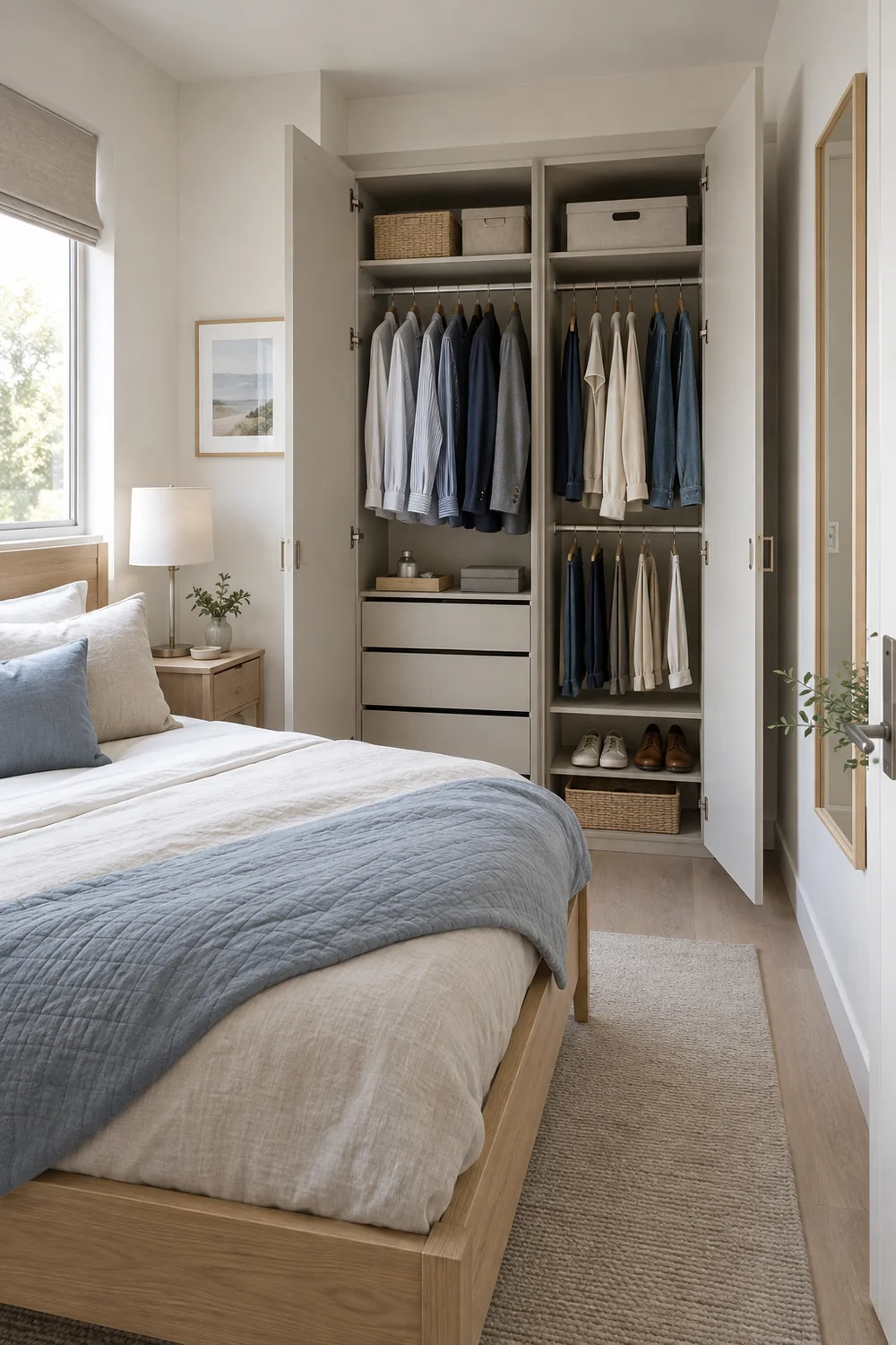 Open wardrobe with clothes and storage beside a compact bed
