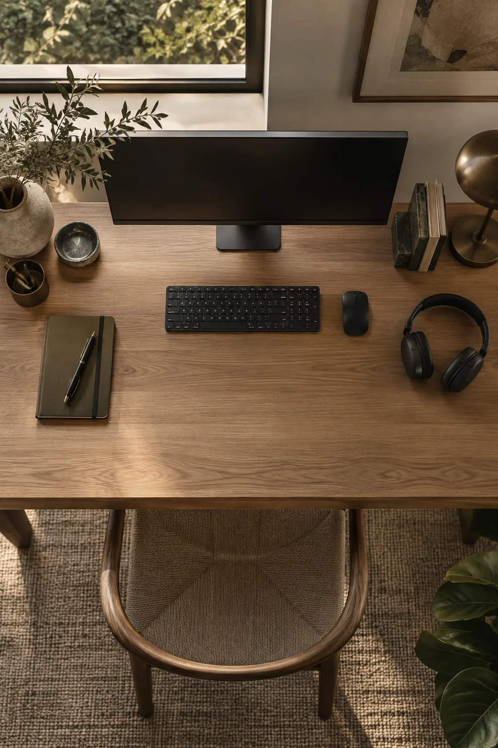 Overhead view of the equipment needed on a Japandi desk
