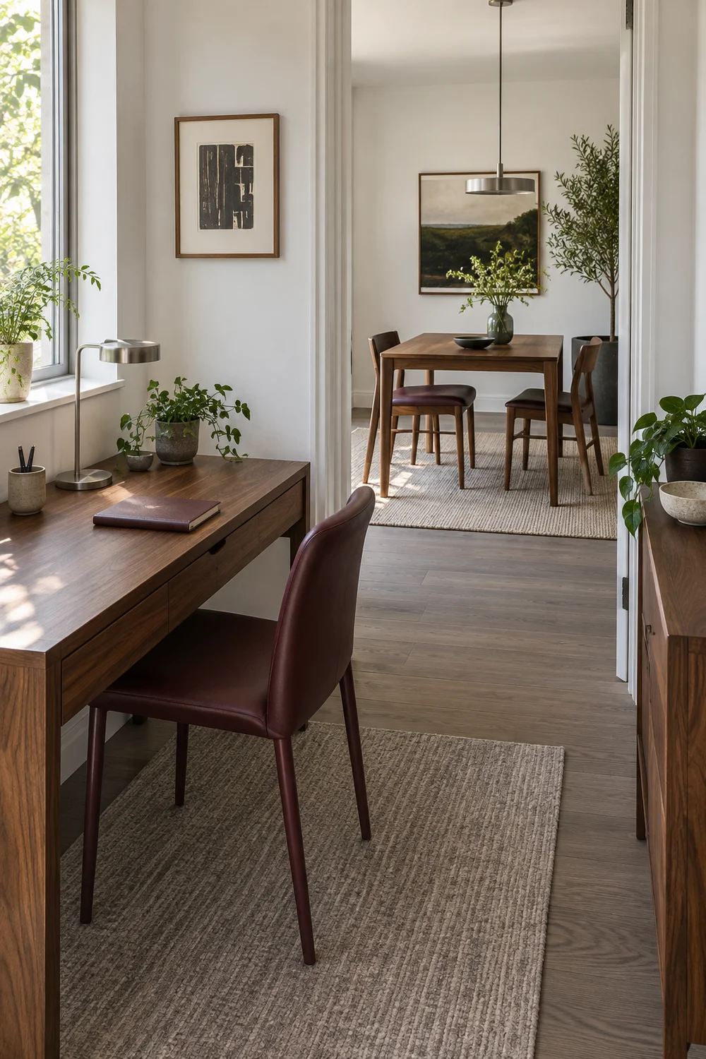 Oxblood dining chair at a walnut desk with a small dining area beyond