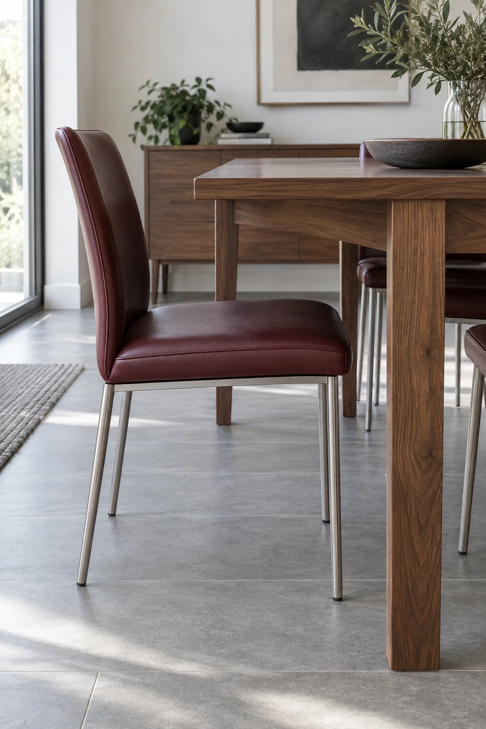 Oxblood dining chair beside a walnut table with visible space below the apron