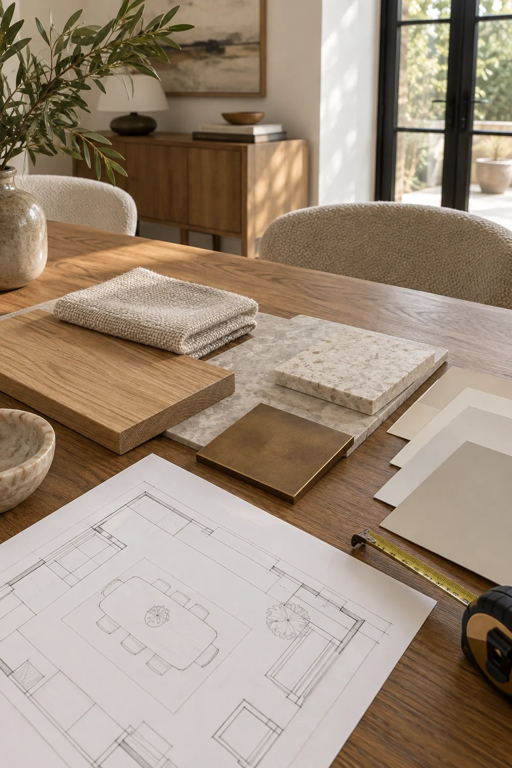 Organic modern material board with room plan.