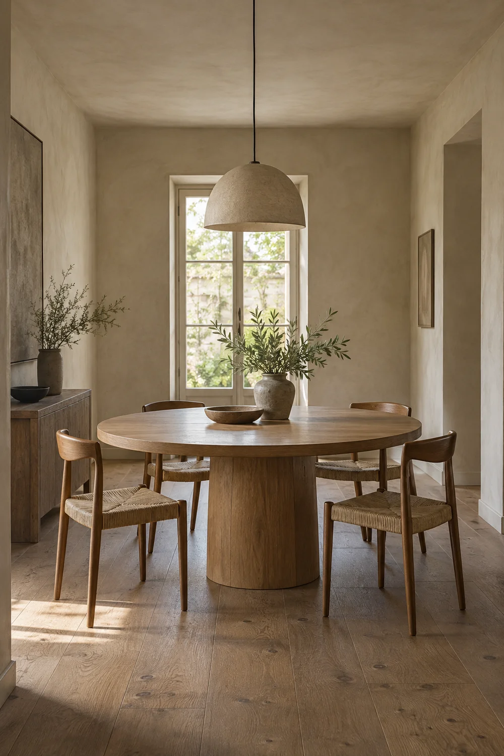 Round oak table in a narrow dining room.