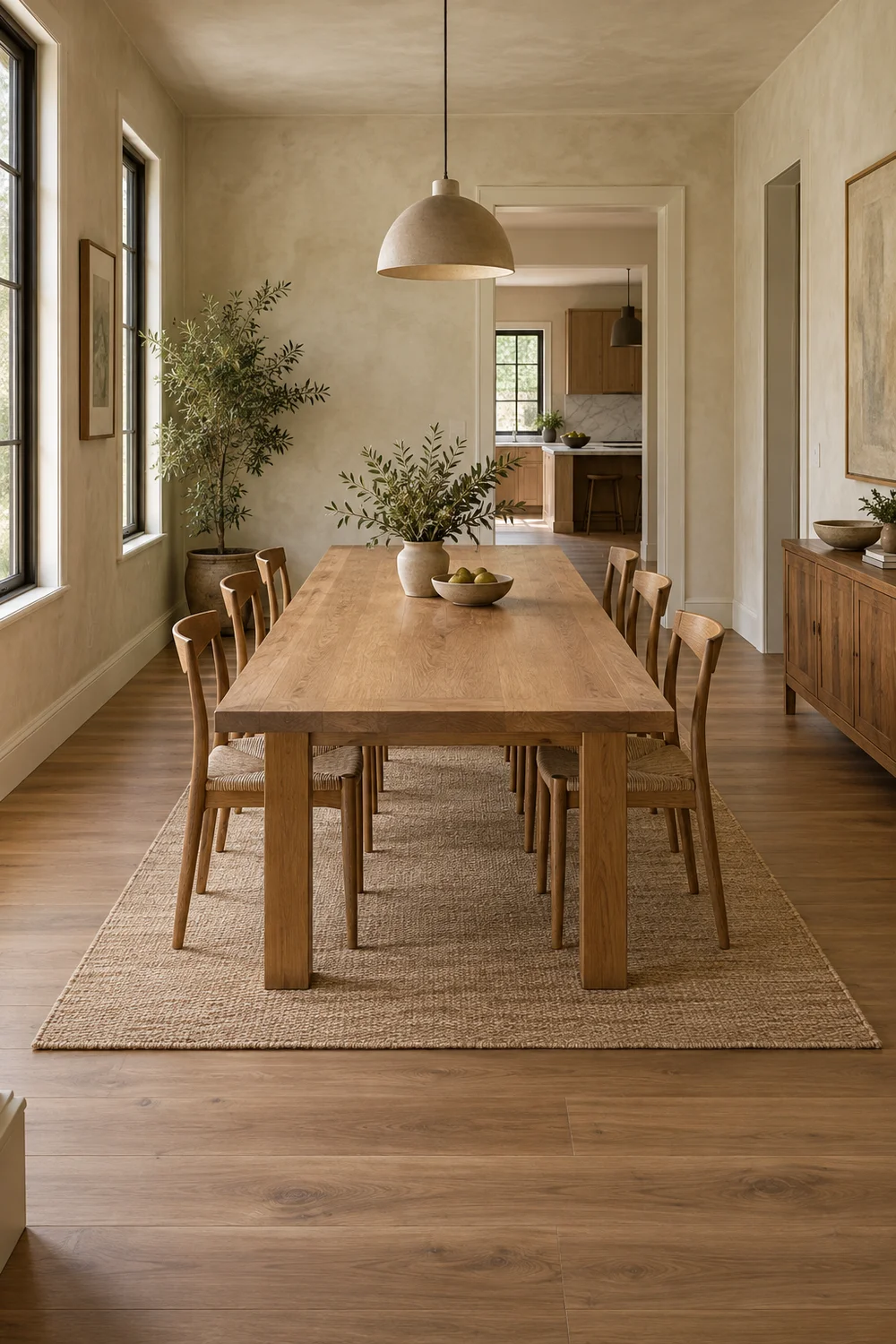 Rectangular oak table with clear walkways.