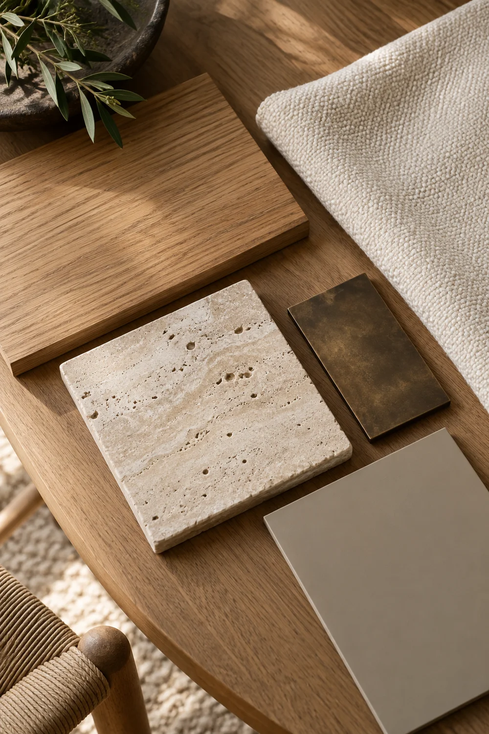 Oak travertine linen and bronze material samples.