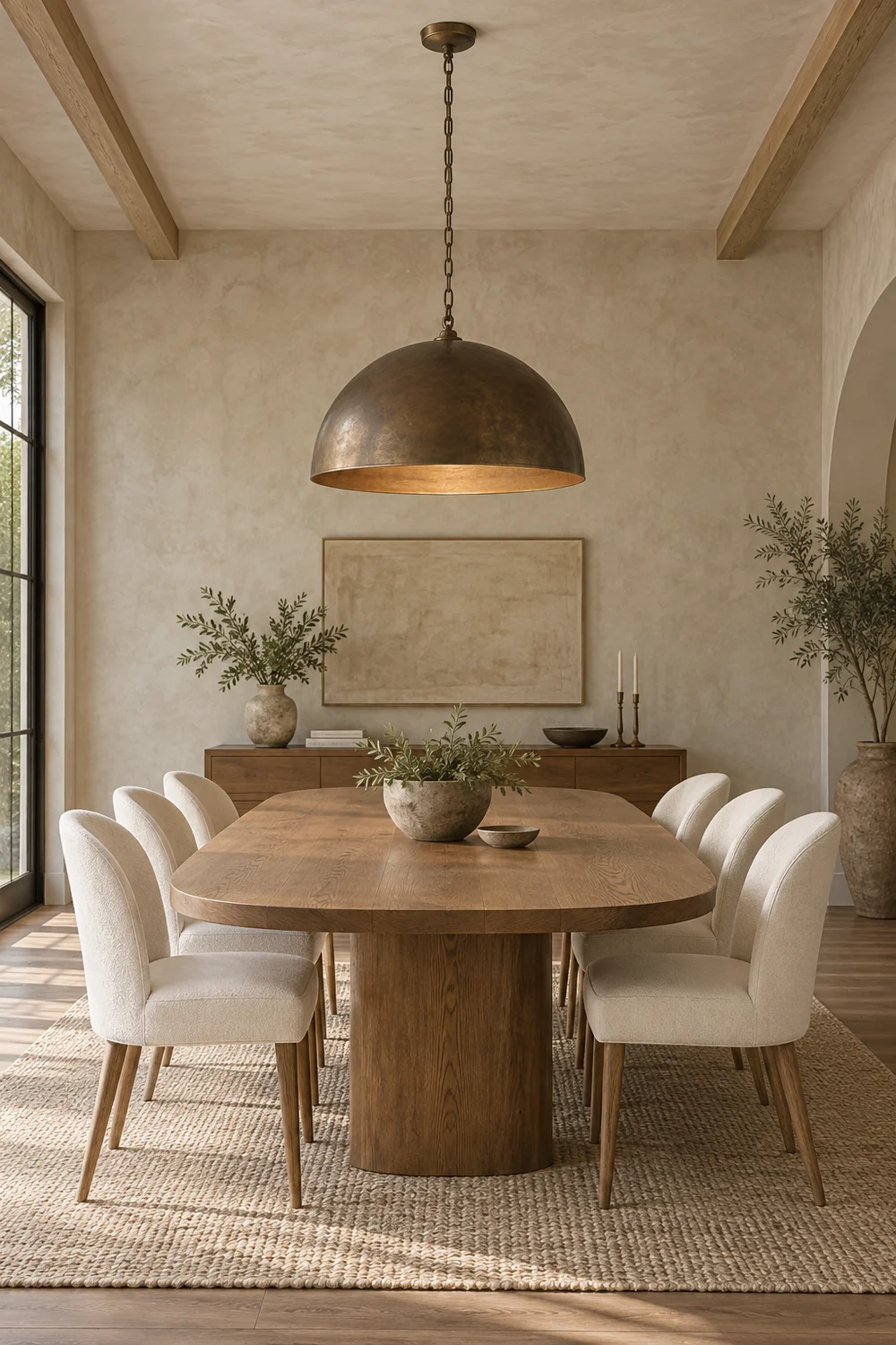 Bronze pendant scaled over oak dining table.