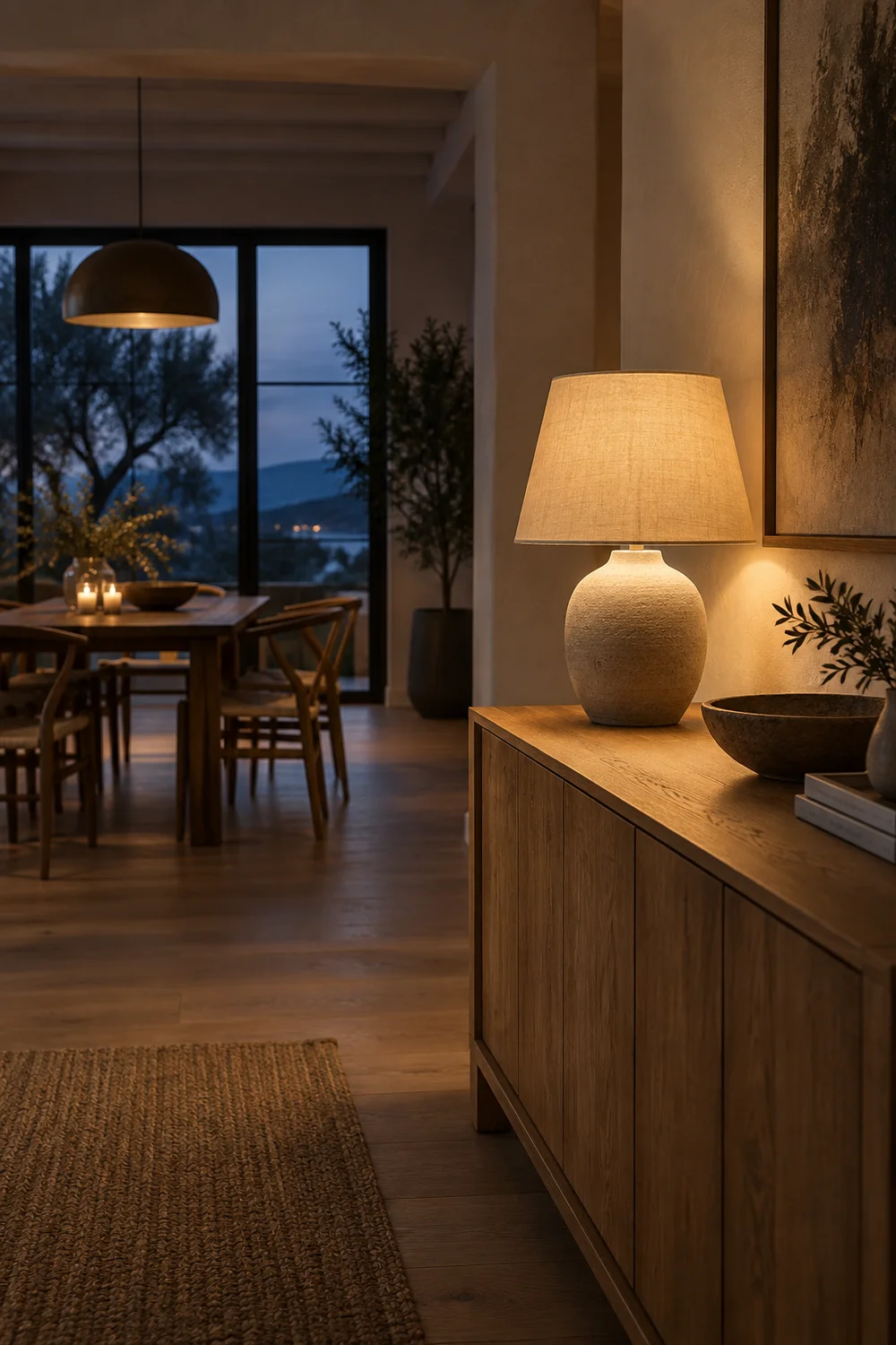 Ceramic sideboard lamp and dimmed dining pendant.