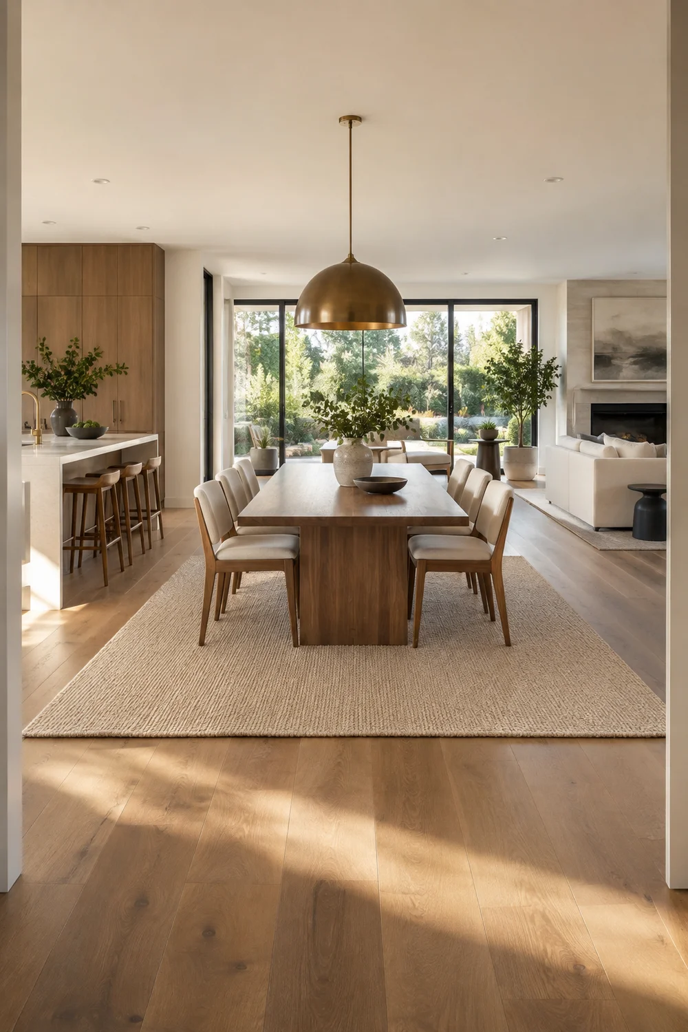 Open plan dining zone defined by rug and pendant.