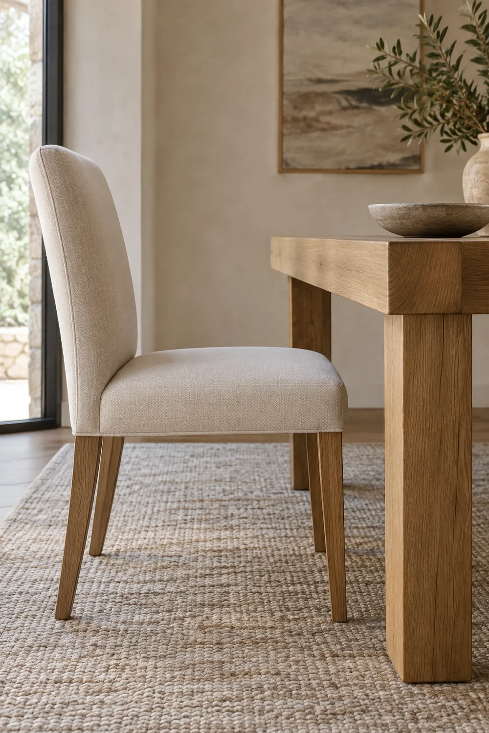 Upholstered dining chair with table clearance.