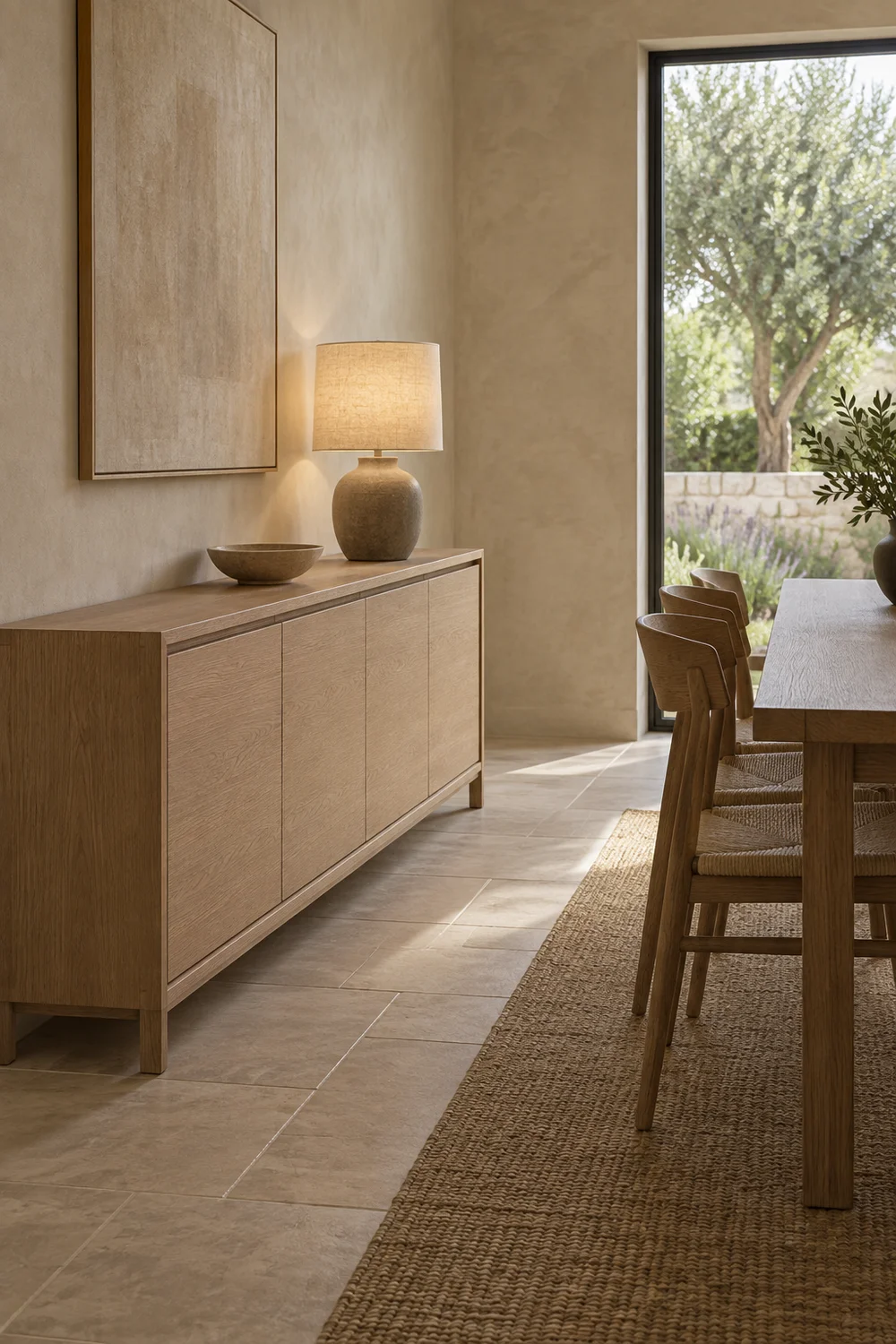 Oak sideboard with clear dining room walkway.