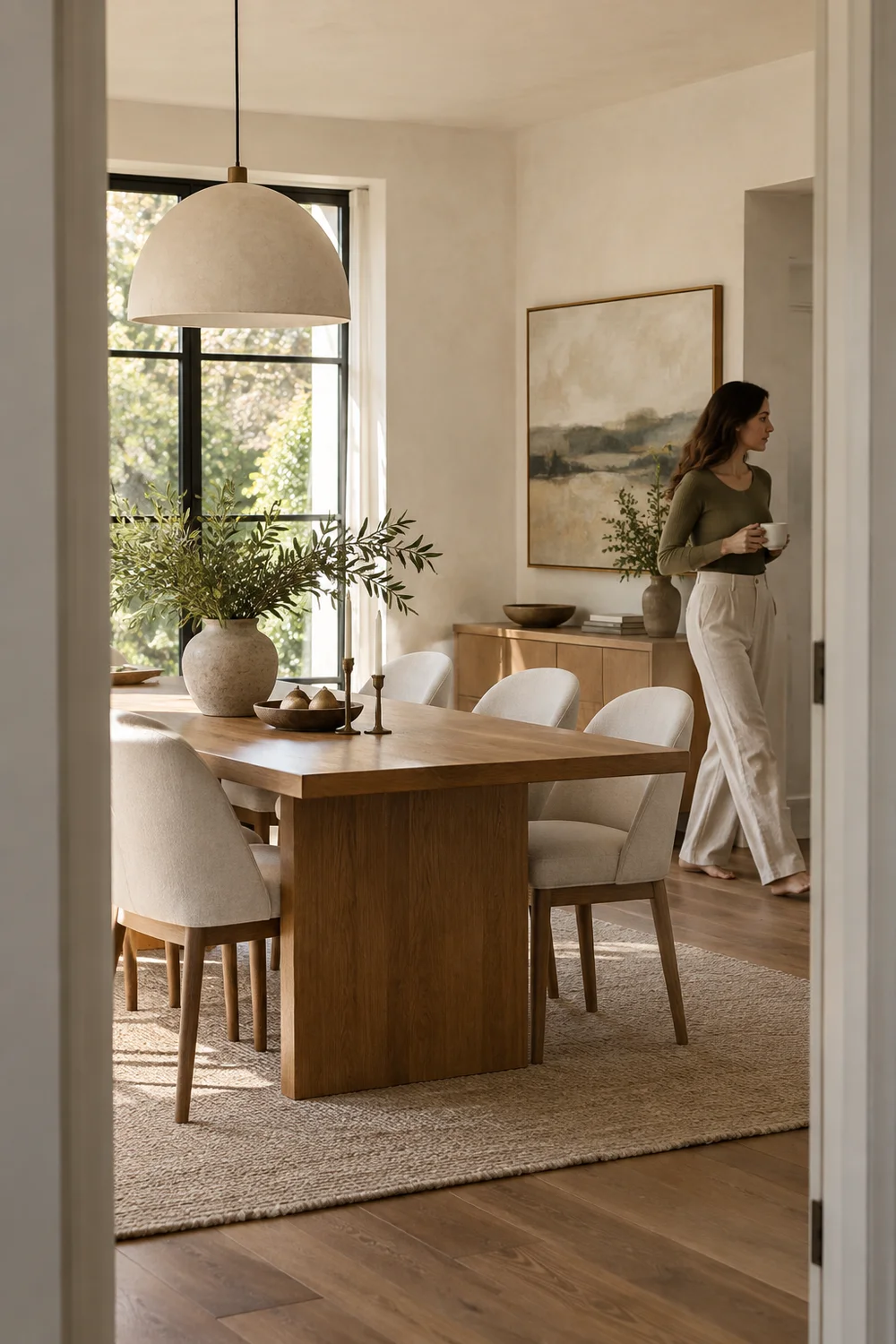 Woman carrying a cup through organic modern dining room.