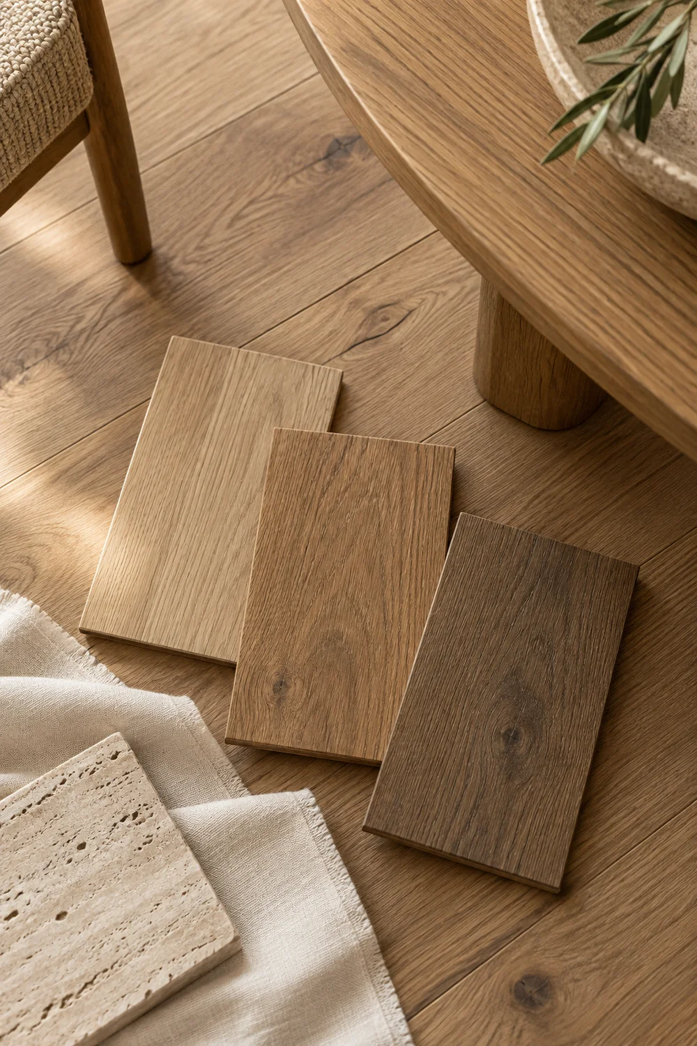 Oak timber samples beside warm wood floor.