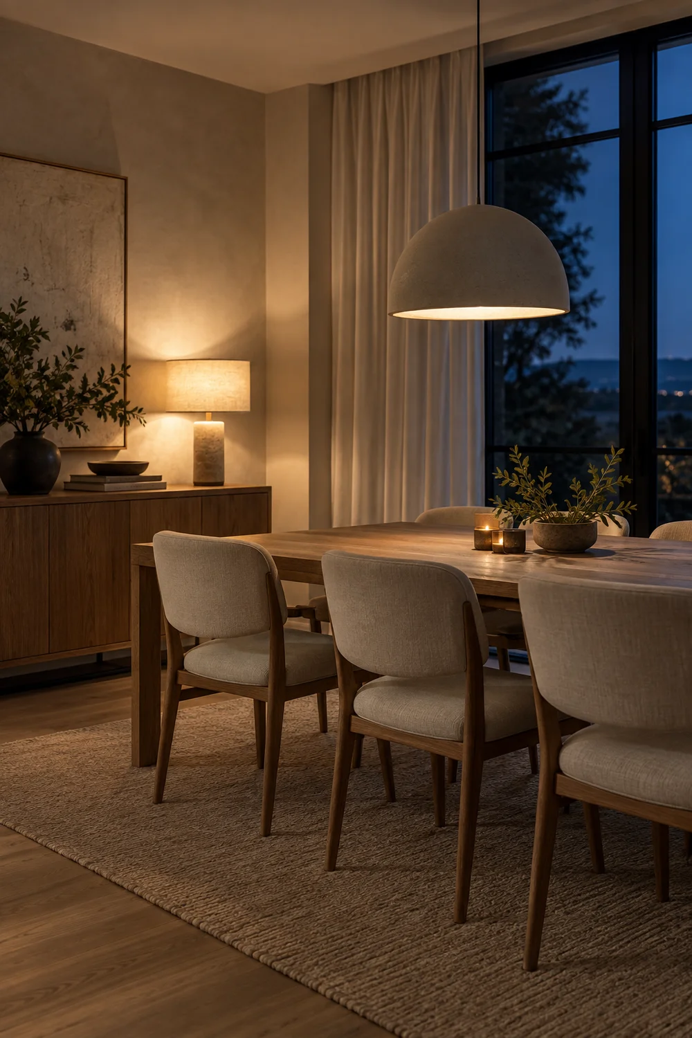 Layered evening light in organic modern dining room.