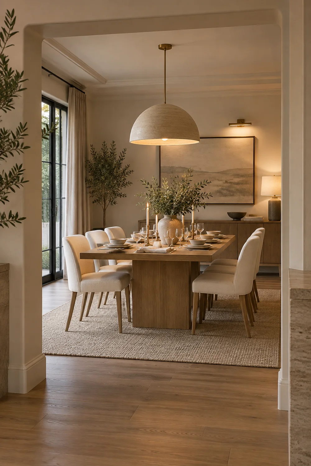 Planned organic modern dining room ready for dinner.
