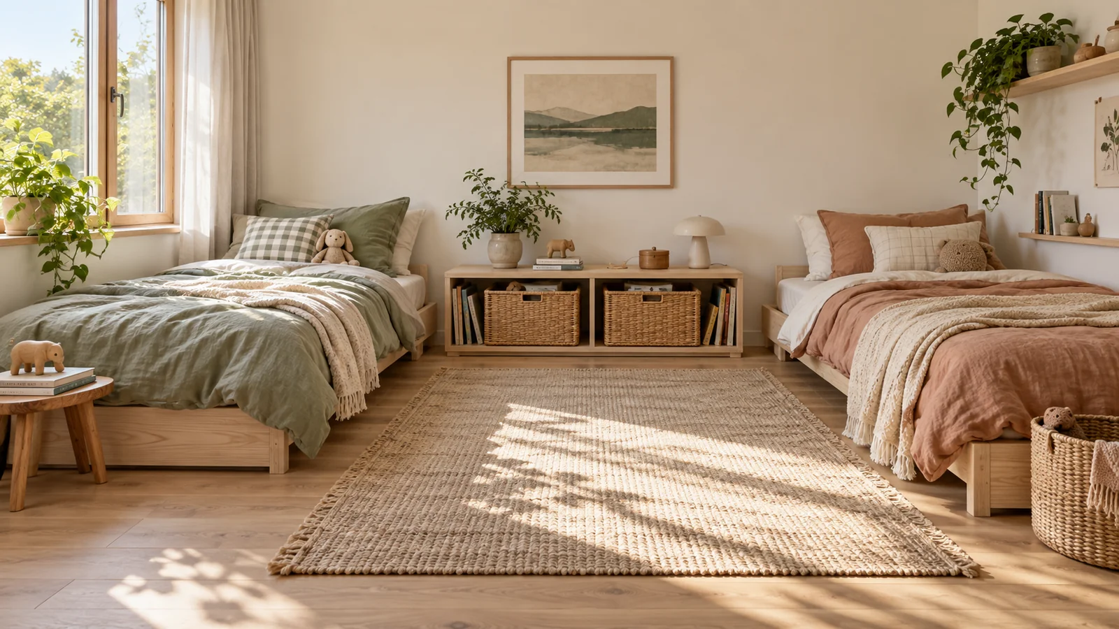 Pale ash beds and low storage in a shared Japandi bedroom