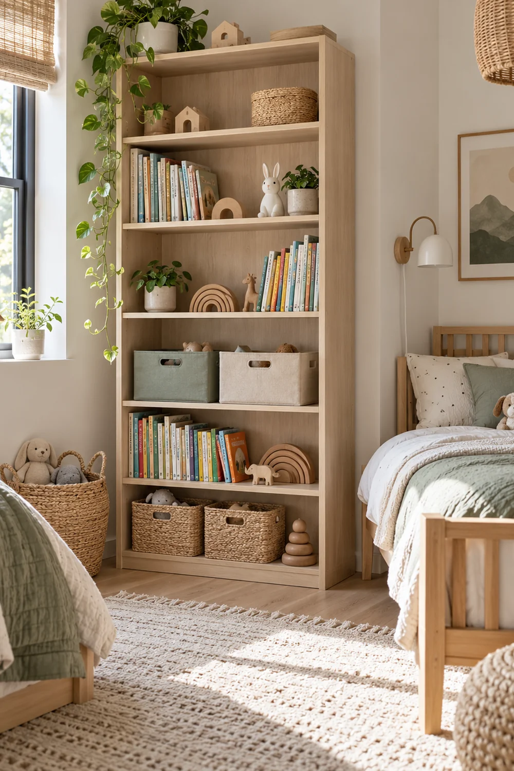Pale ash bookcase keeps daily books on lower shelves