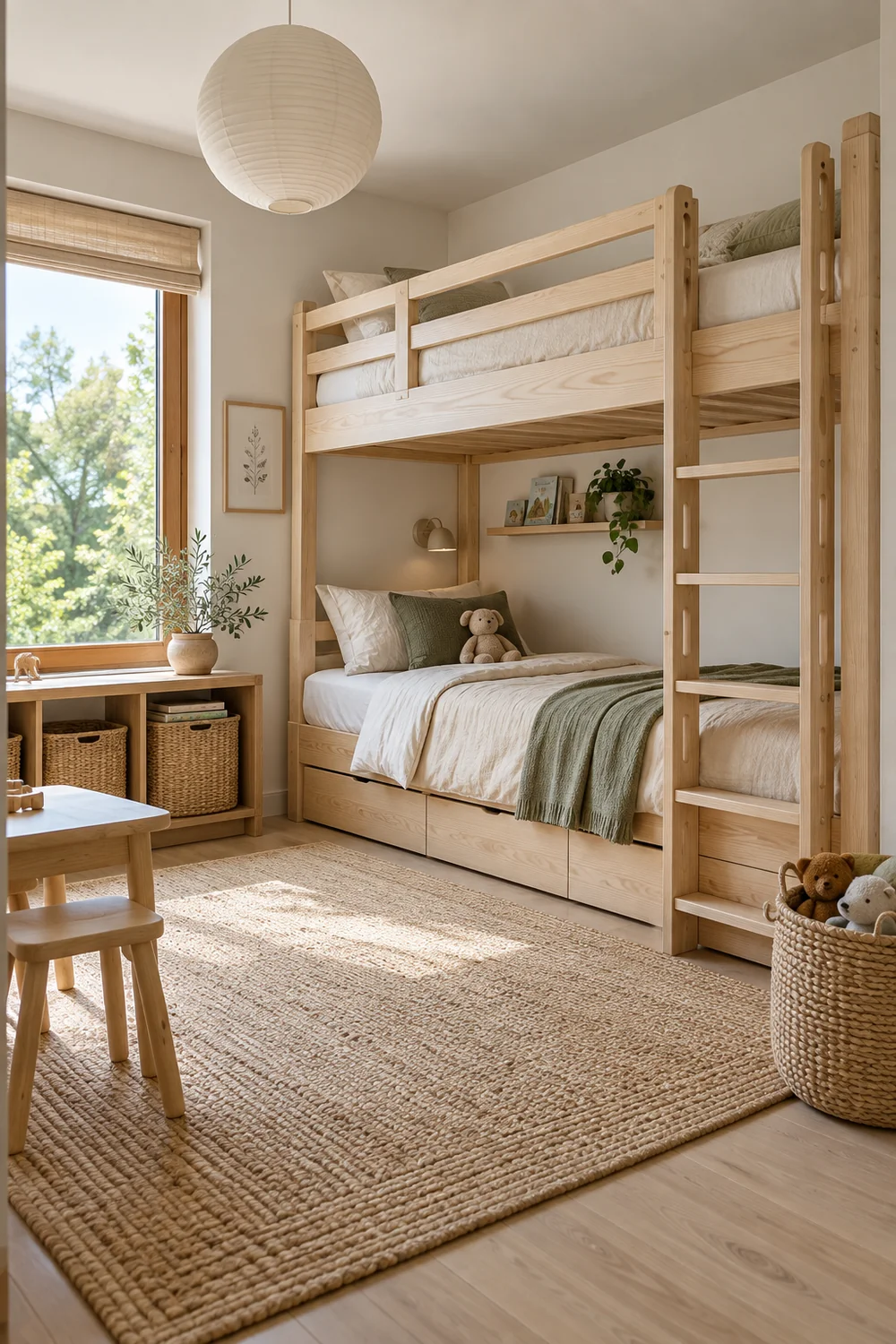 Pale ash bunk bed preserves open floor in a shared bedroom