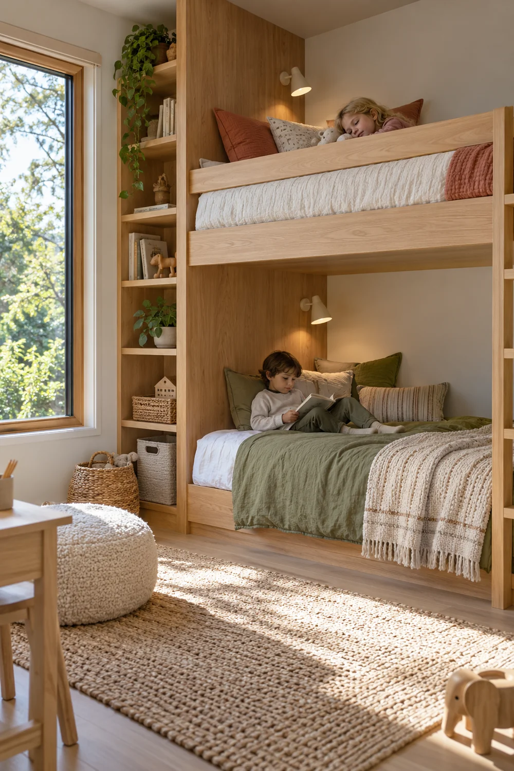 Pale ash bunk bed with reading light at lower bed