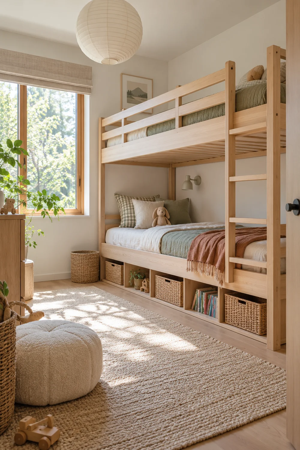 Pale ash bunk with guarded upper bed and clear ladder