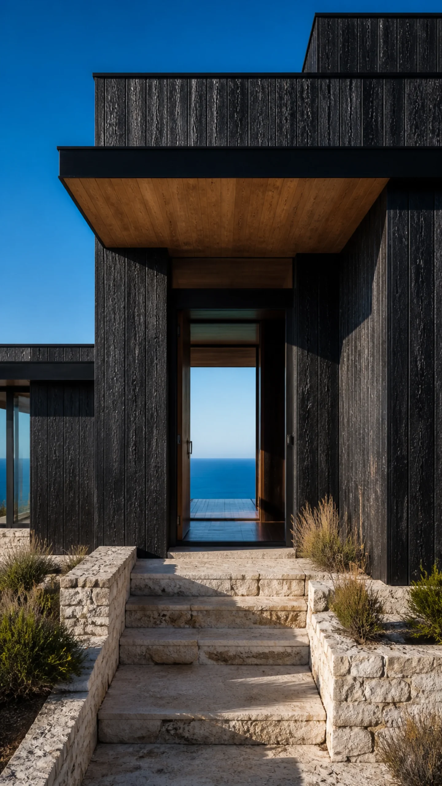Pale limestone entry threshold and black cedar portal facing a precise blue ocean view An original fictional editorial architecture study of material landscape light and spatial...