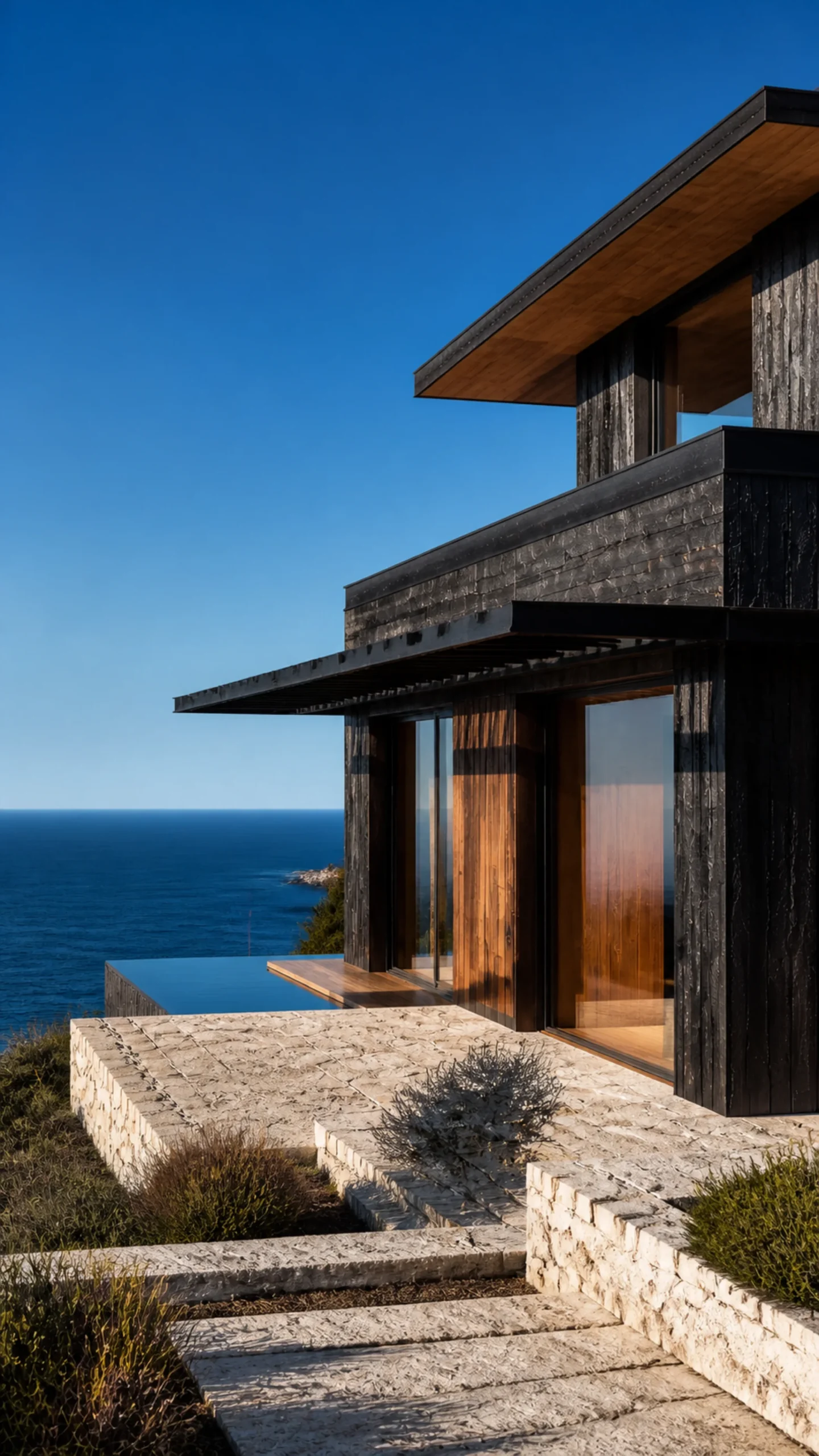 Pale limestone infinity terrace flowing toward the deep blue Aegean horizon An original fictional editorial architecture study of material landscape light and spatial atmosphere on