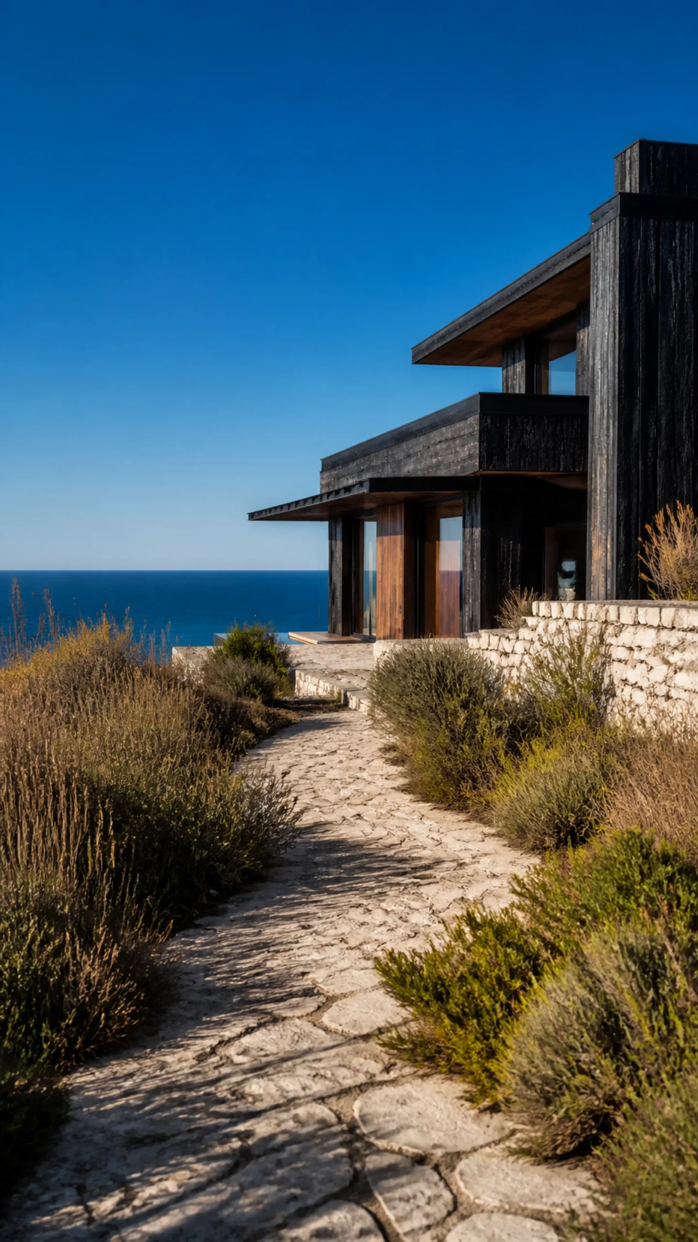 Pale limestone path and coastal planting approaching the black cedar Aegean house An original fictional editorial architecture study of material landscape light and spatial view...