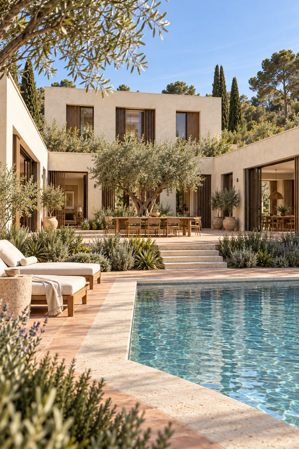 Pale limestone pool edge with rippling water, rosemary and silver green planting