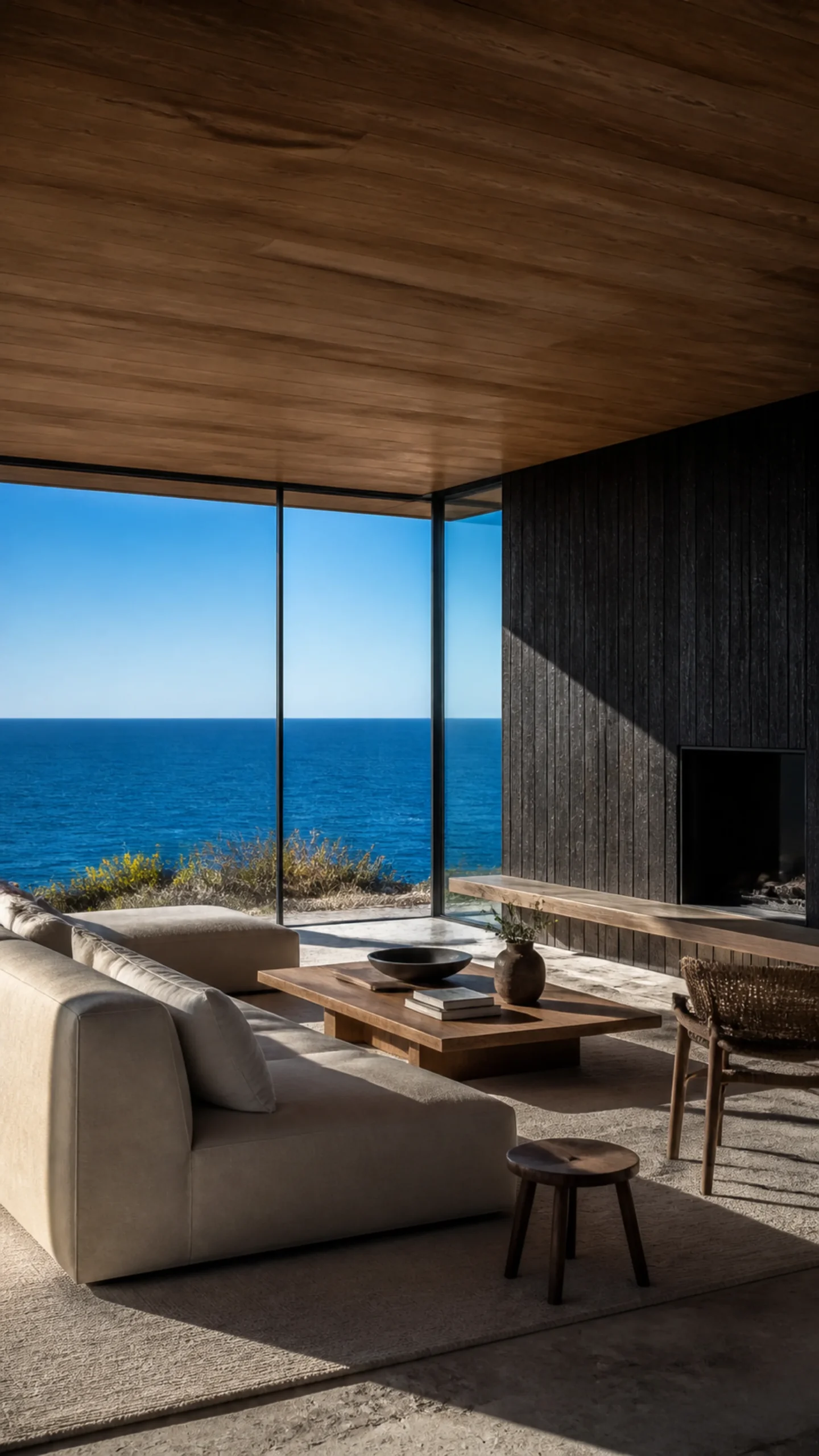 Pale linen living room warm oak ceiling and a broad black framed view of the Aegean An original fictional editorial architecture study of material landscape light and spatial view.