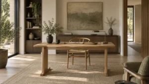 Pale oak Japandi desk anchoring a calm neutral home office