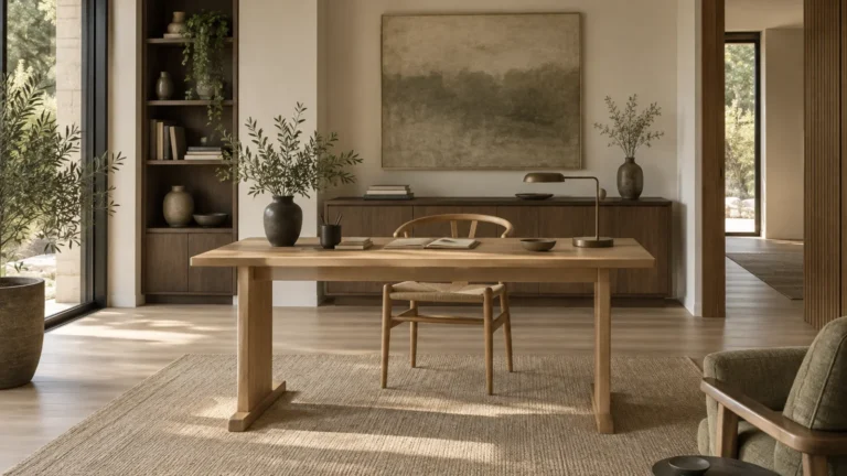 Pale oak Japandi desk anchoring a calm neutral home office