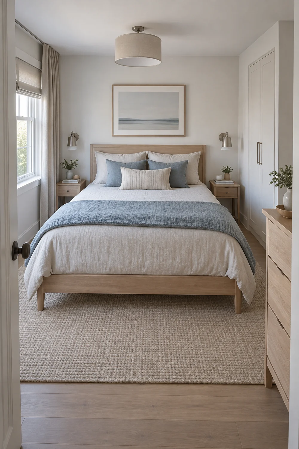 Pale oak bed with a clear route on each side in a small bedroom