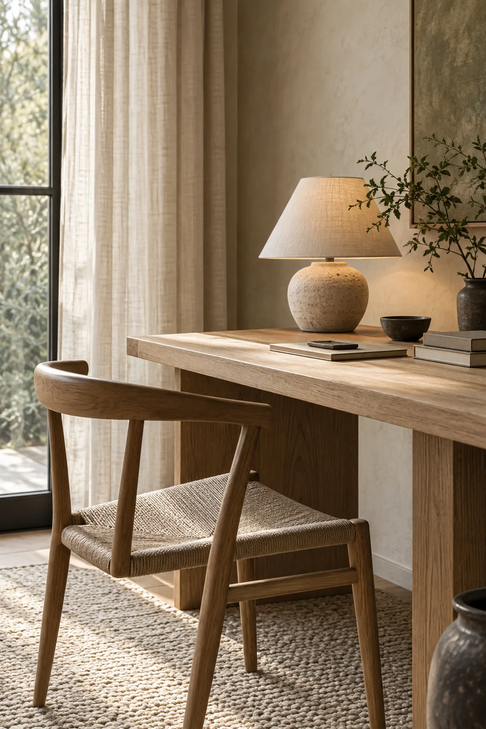 Pale oak linen and ceramic details in a Japandi home office