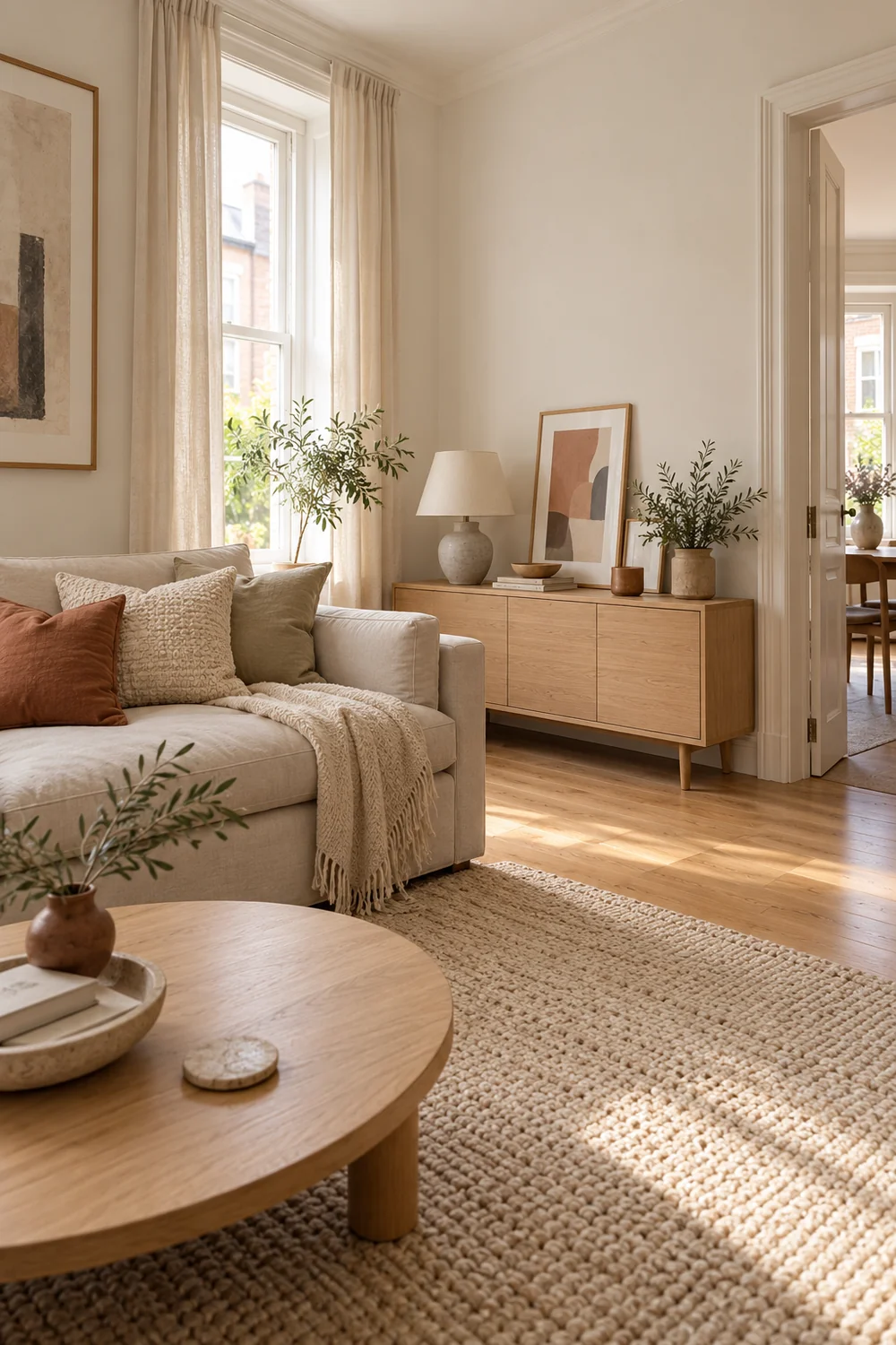 Pale oak sideboard with supported art and doorway clearance