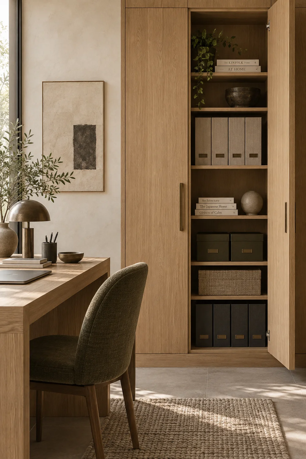 Pale oak storage joinery in a practical Japandi study room