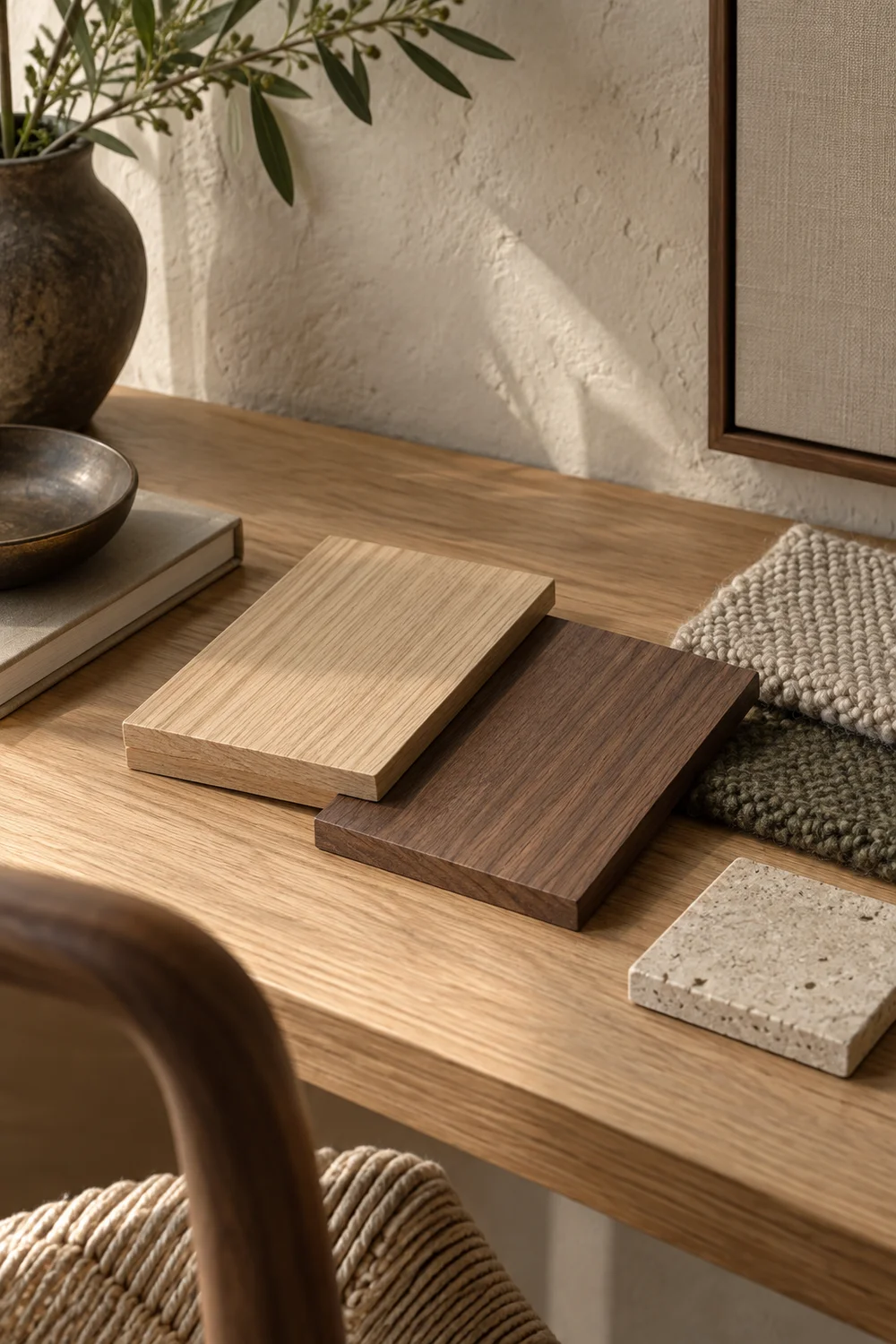 Pale oak timber samples for choosing a Japandi desk finish