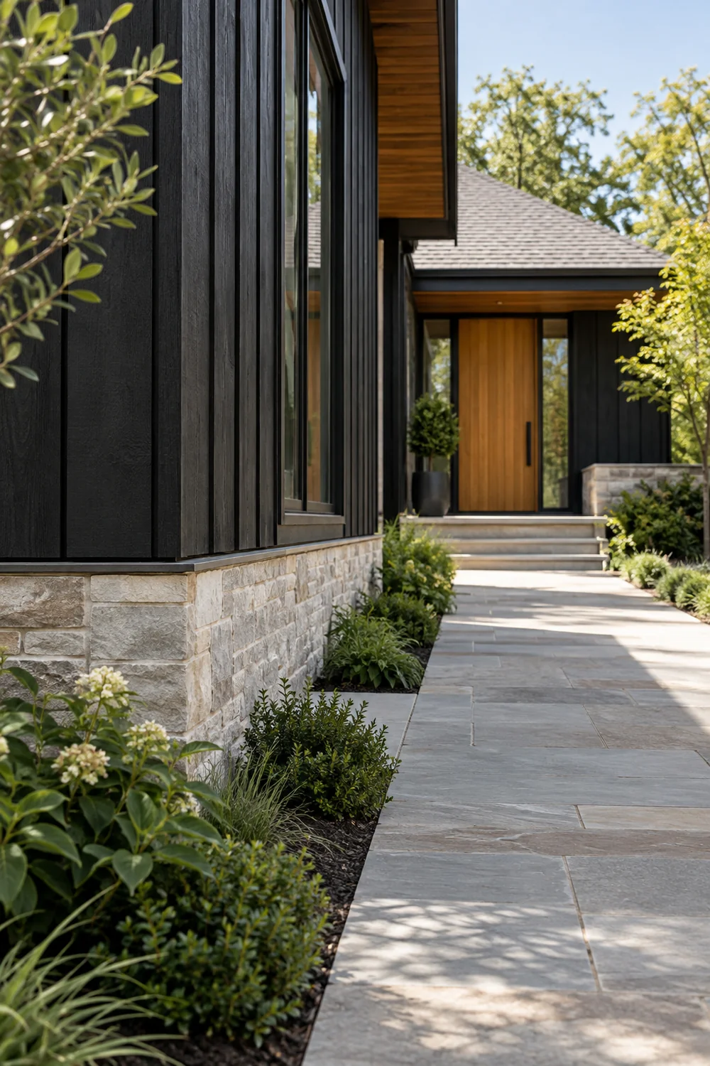 Pale stone base and path beside black cladding leading to a timber entrance