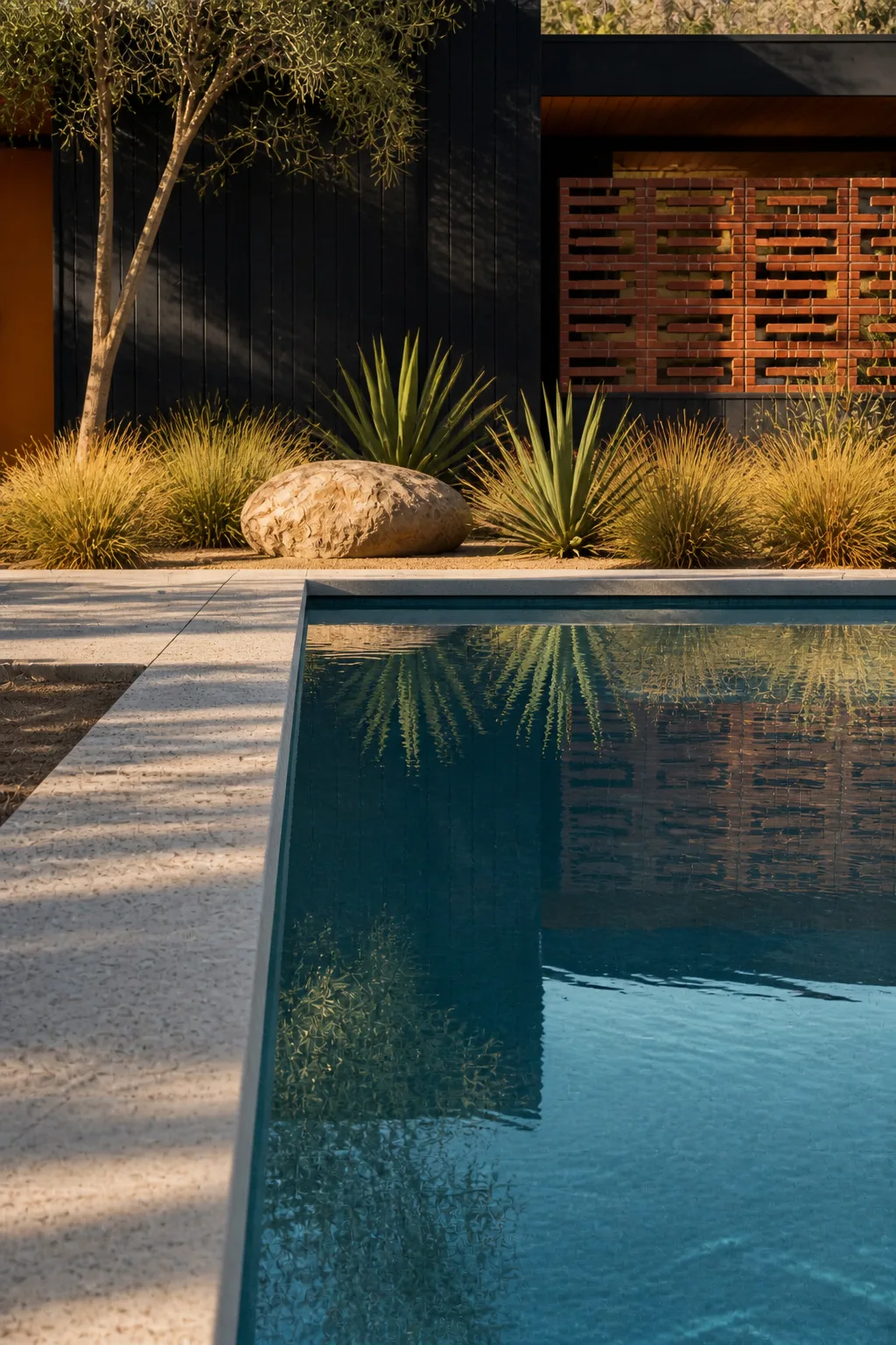 Pale terrazzo pool coping, blue water, black timber reflection and desert planting.