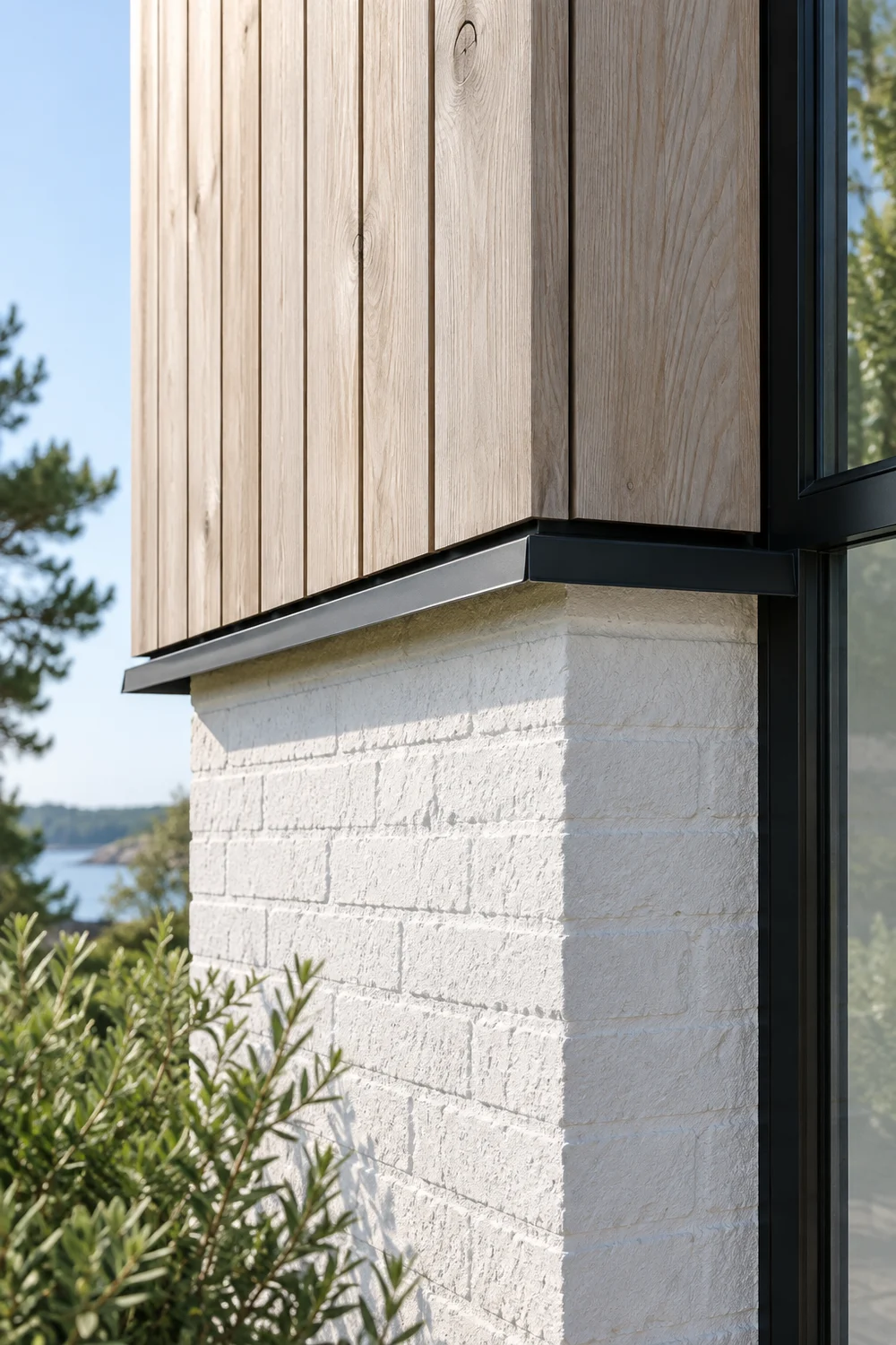 Pale timber white brick and charcoal metal meeting at a facade detail