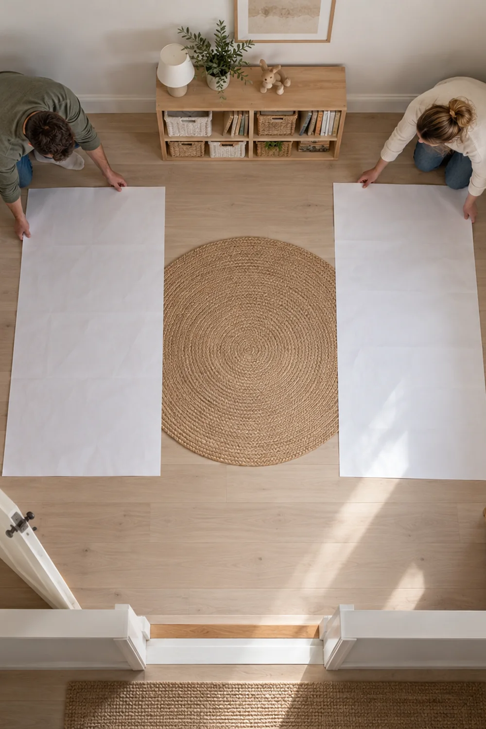 Paper bed outlines mark a clear route in a shared bedroom