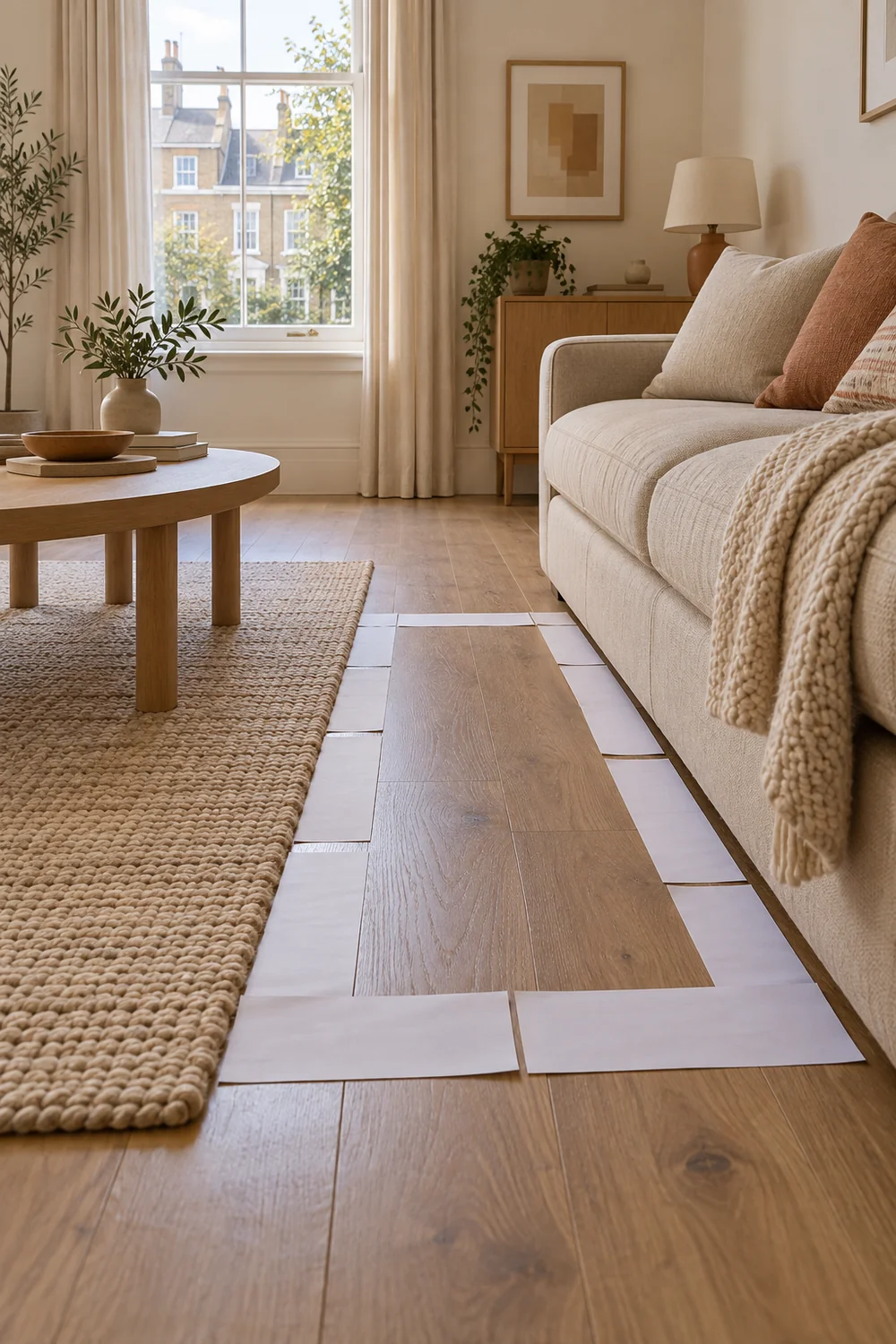 Paper furniture footprint markers beside a living room sofa
