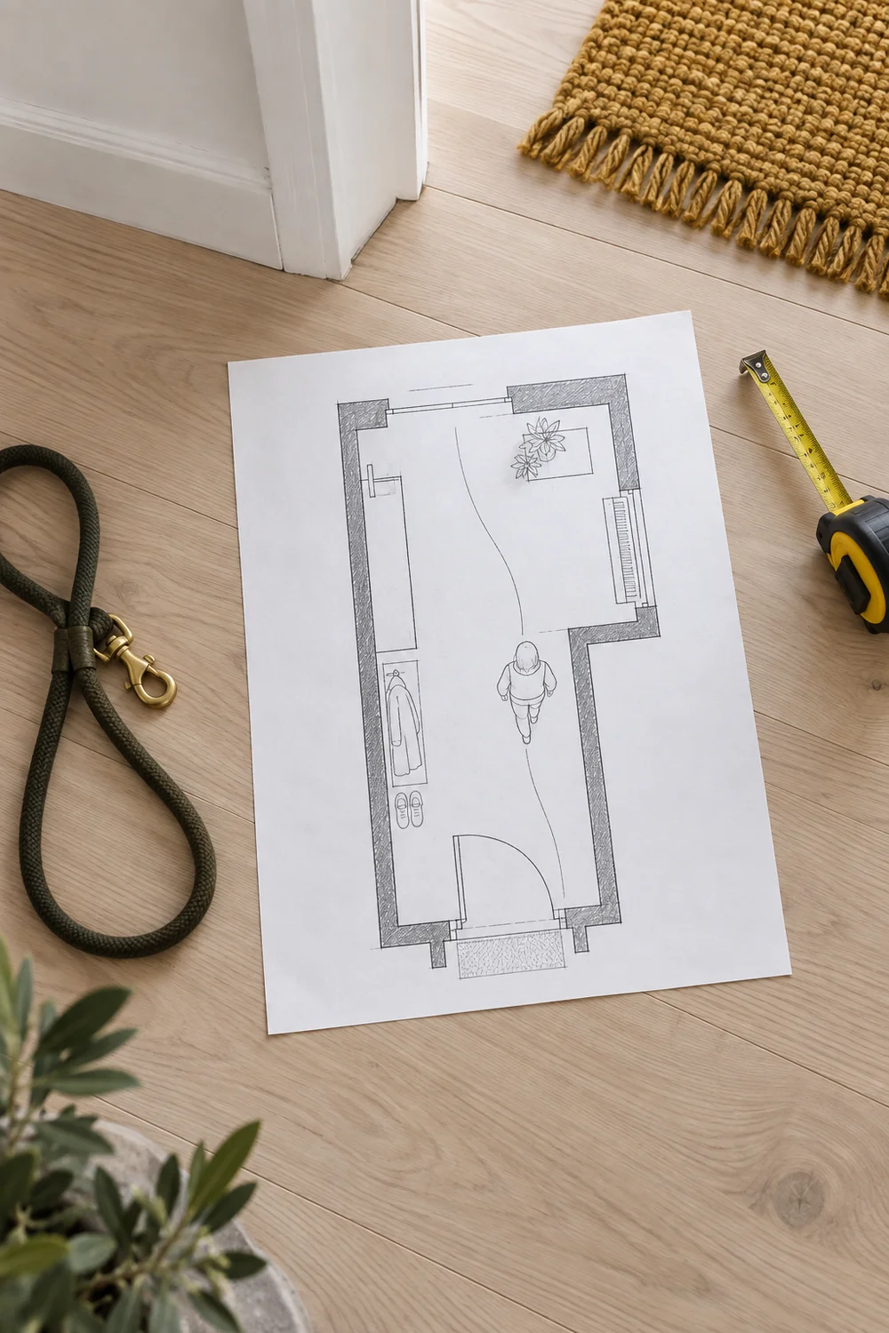 Paper hallway plan showing front door swing radiator and a protected walking route