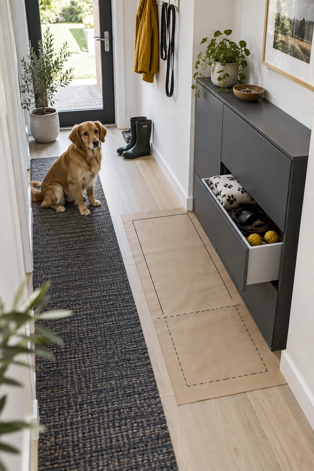 Paper rectangle outlining cabinet and open drawer footprint in a narrow hallway