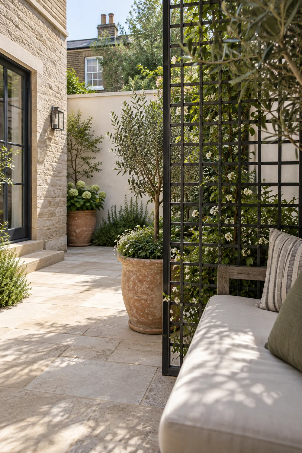 Partial iron garden screen beside a courtyard seat with daylight still reaching the paving