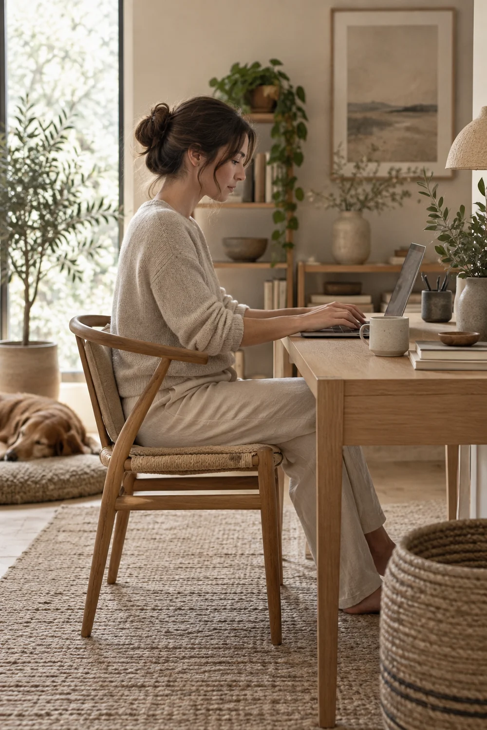 Person typing with comfortable posture at a pale oak Japandi desk