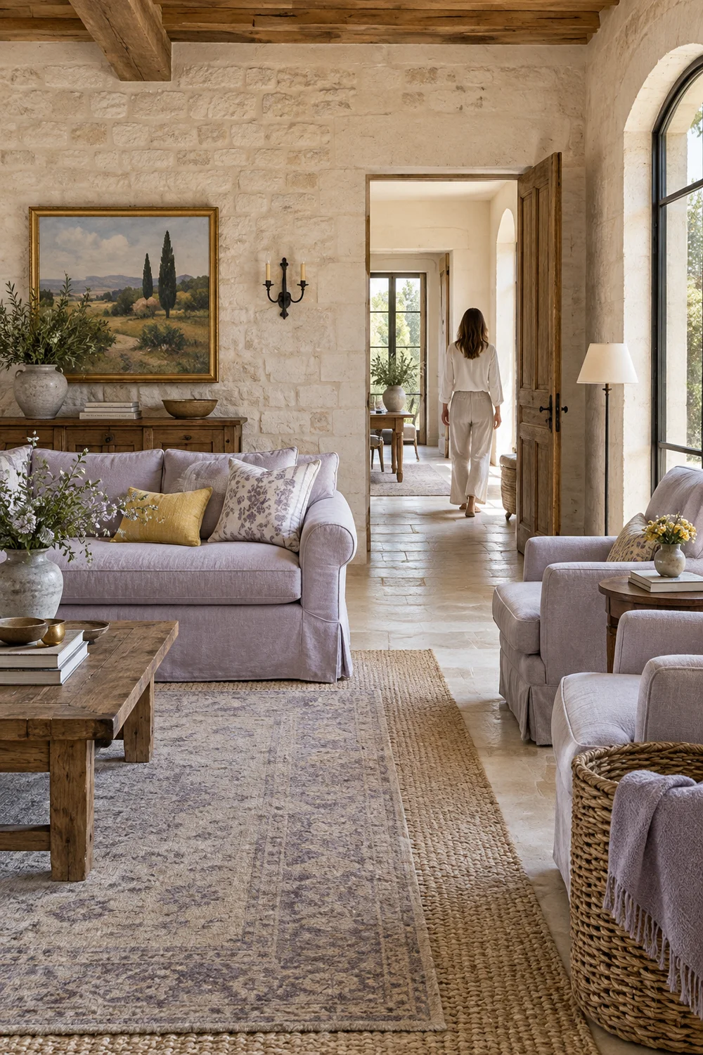 Person walking through a French country family room between lavender seats