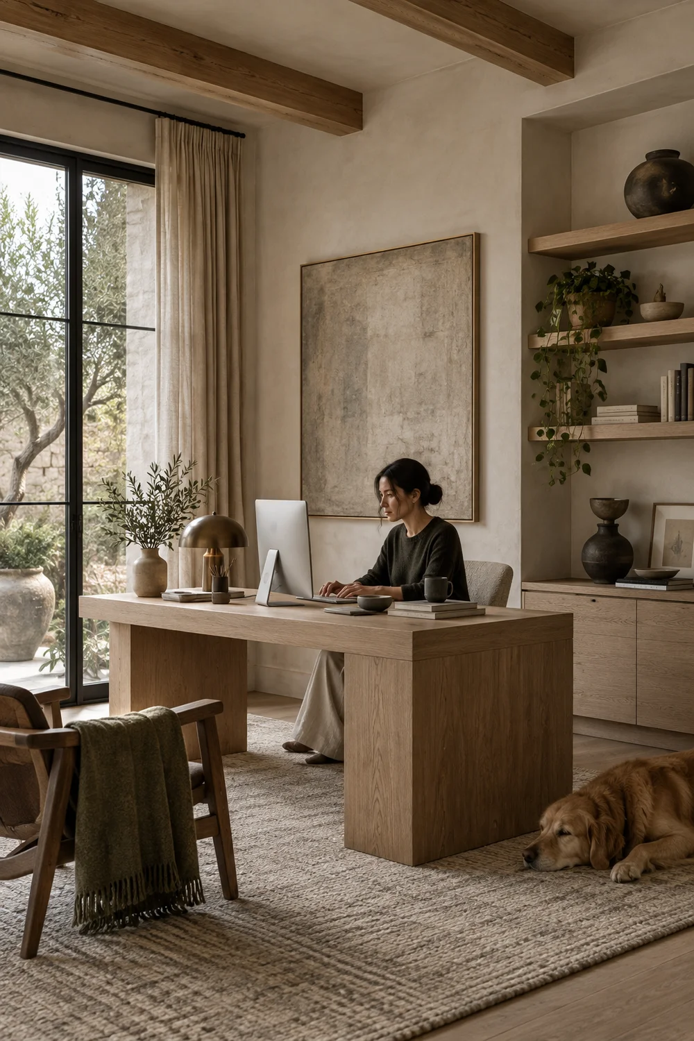 Person working naturally at a warm oak Japandi desk