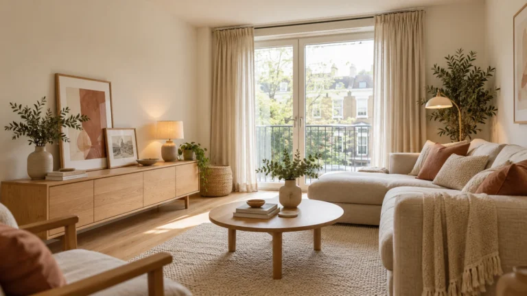 Portable art lamps and curtains in a rental living room